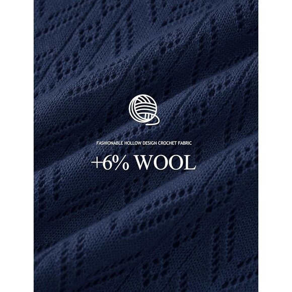 Women's Navy Blue Wool Long Sleeve Crochet Pullover V Neck Lightweight Sweater - Picture 5 of 7